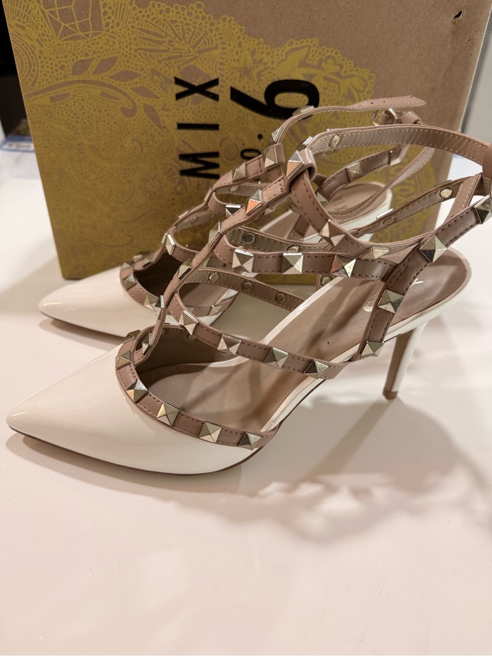 DSW Nude and White Studded Strappy Pointed-Toe Heels